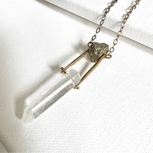 ANTHROPOLOGIE Clear Crystal Quartz and Pyrite Stone Rock Long Necklace 33”